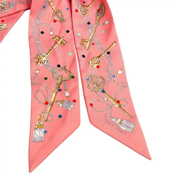 New Hermes Twilly Scarf Les Cles a Pois Rose Beige Multicolor 100% Silk - Picture 4 of 16